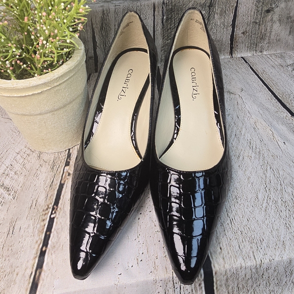 CABRIZI HOLLY CROC EMBOSSED GLOSSY BLACK HEELS PUMPS WOMENS 7.5 EUC - Picture 7 of 13